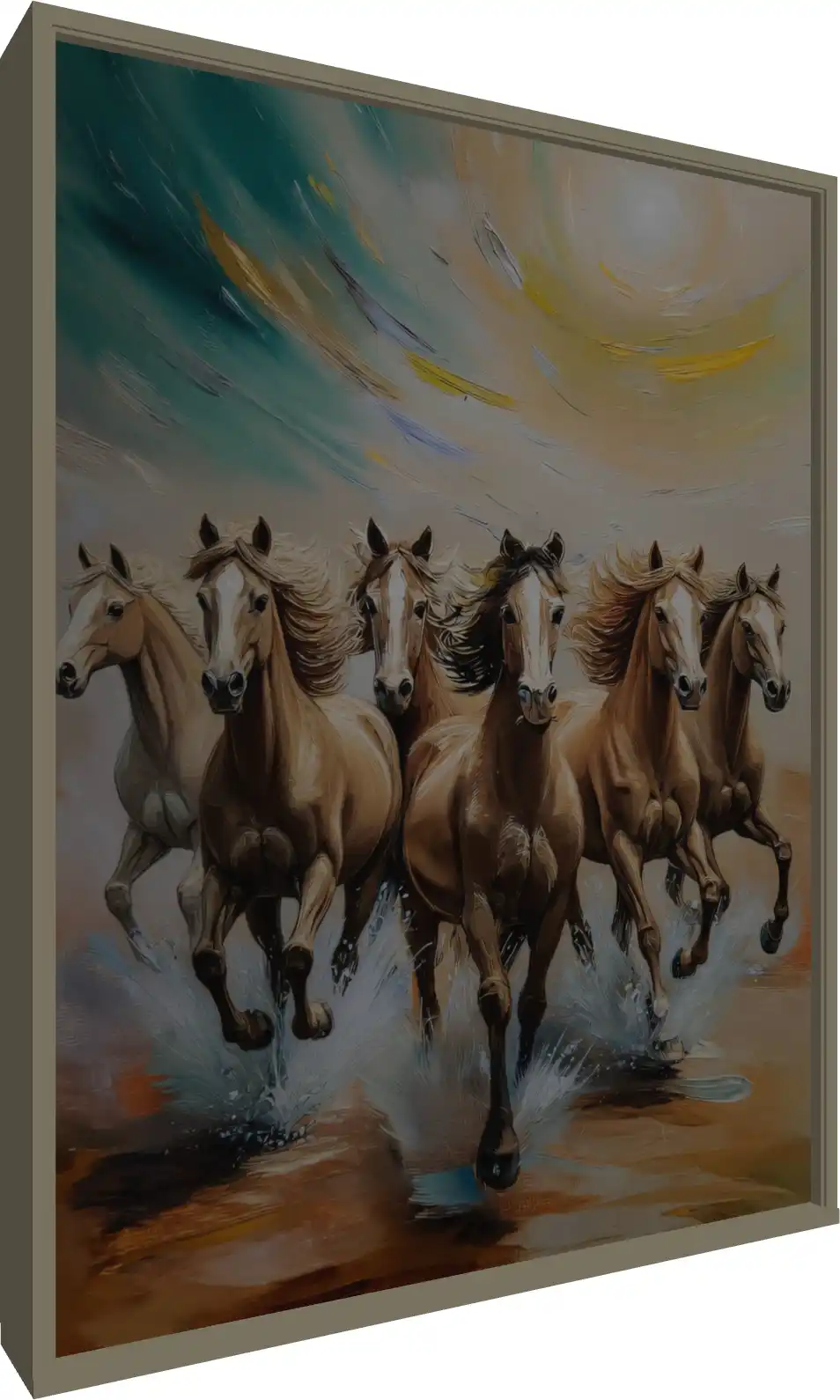Vastu Seven Horses Portrait Canvas — floater frame preview | PrintPosters.in